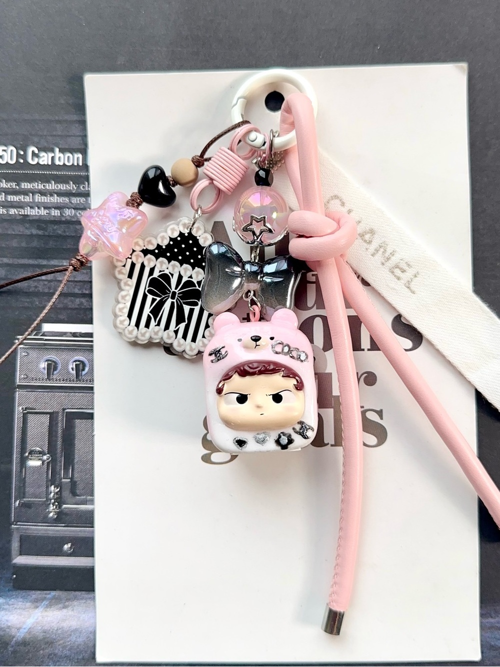 Auth CC Ribbon Pink Character Charm Keychain with Bead Accents
